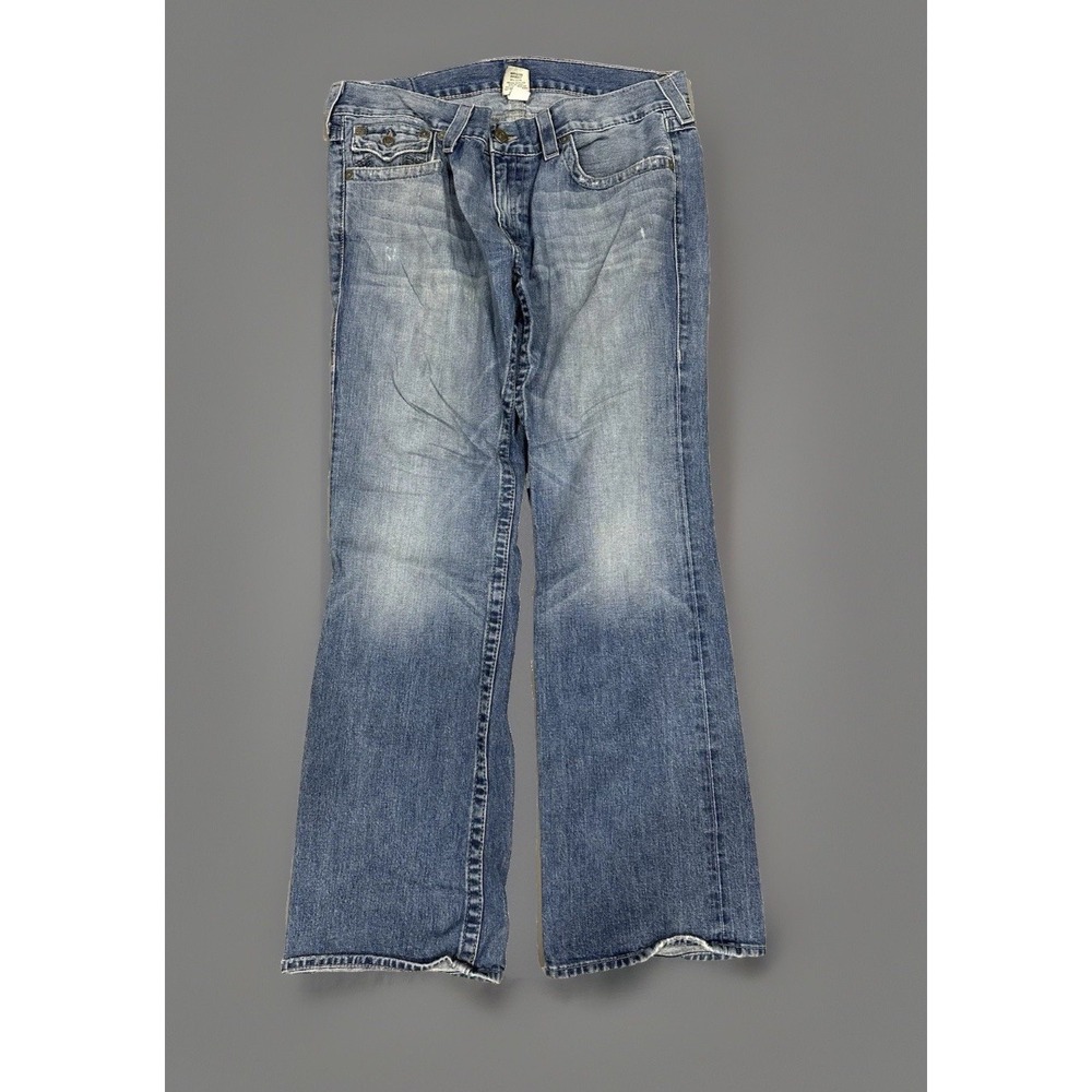 True Religion Mens Blue Jeans Size 38 x 32 Thick Stitch Flap Pockets